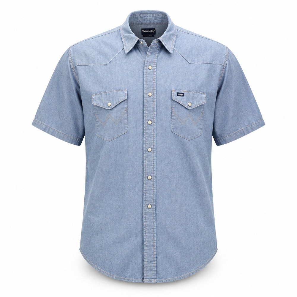 Wrangler Western Shirt‎ Mens 20 Blue Pearl Snap Short Sleeve X-Long Tails VTG